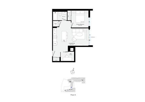 Floor plan for 1 bed, 1 bath, 576 sqft
